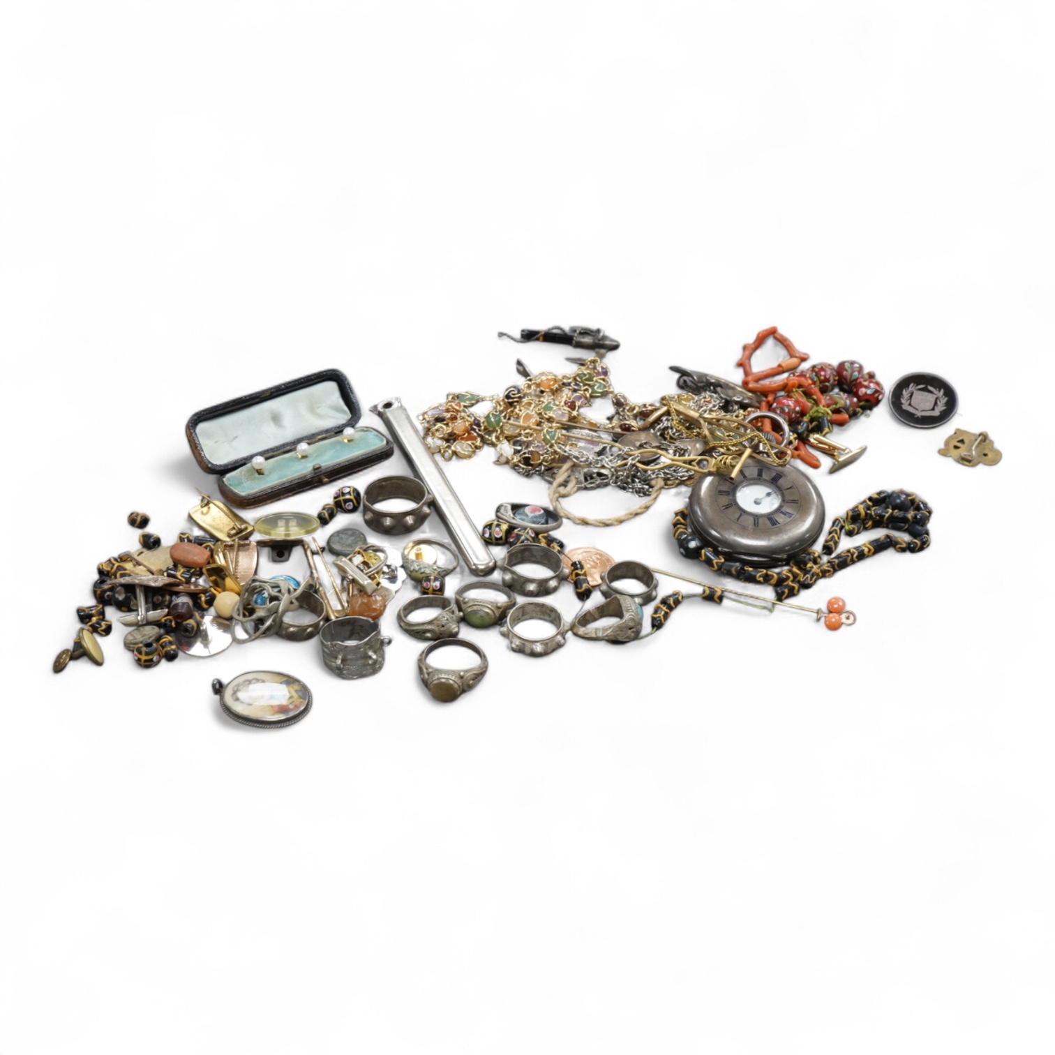 Group of mixed costume jewellery and other items including a George IV mourning brooch and a Swiss 935 standard white metal silver half hunter keyless pocket watch.